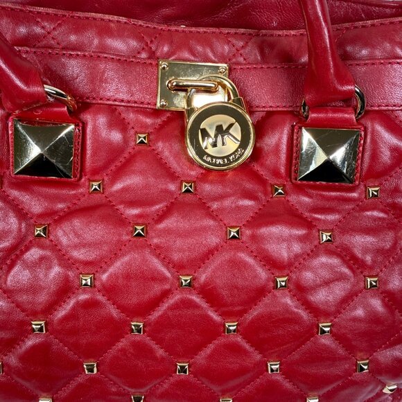 Michael Kors Hamilton Large Studded North South Tote Red Leather Gold Hardware - Picture 6 of 13